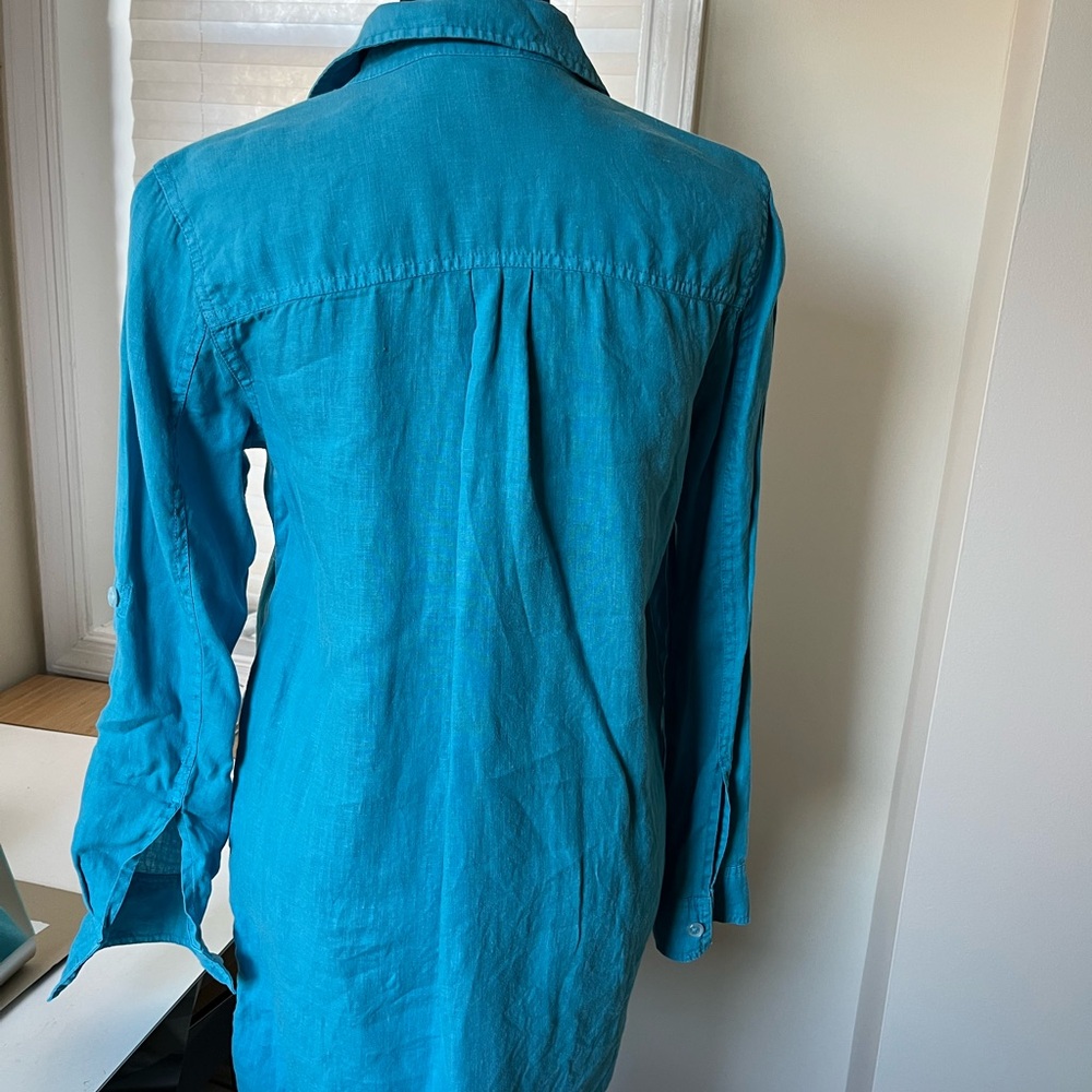 Michael Stars Linen Blue Button Down Shirt 3/4 Sleeve Polo Collar - Picture 3 of 4